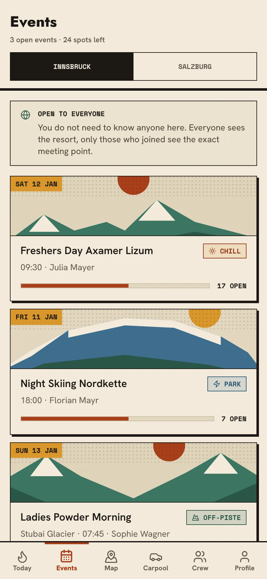 Pistl Public events screen